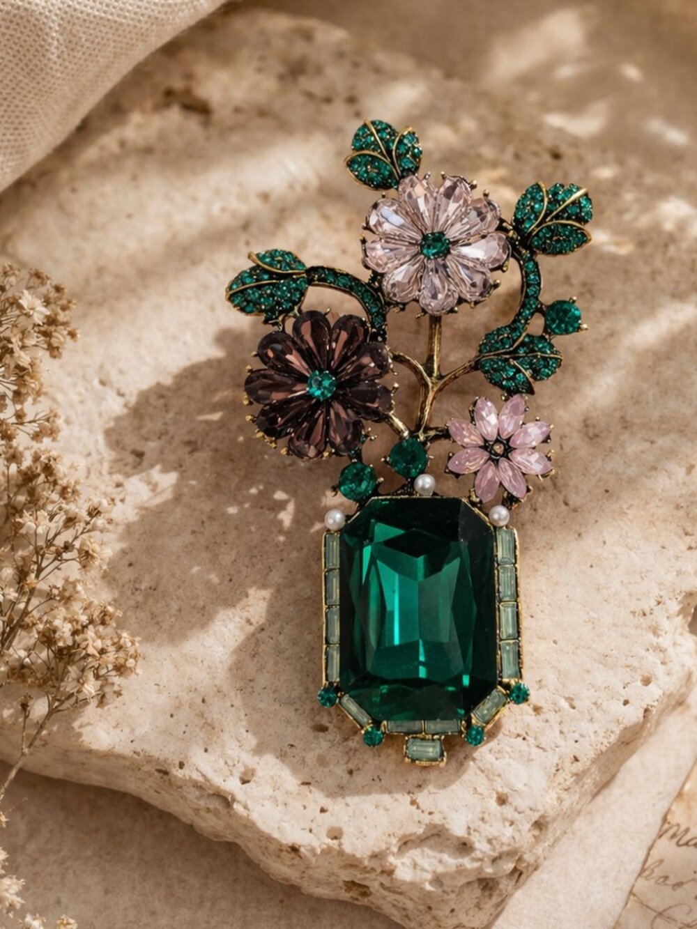 Green Garden Glam Crystal Floral Brooch Pin Large New in Box